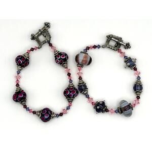 Handmade Lampwork Glass Bead Bracelet Set Toggle Clasp Pink Purple Gray Boho